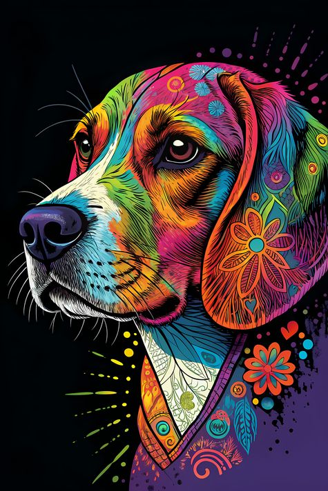 15 stunning Beagle High-Res Art Images in Psychedelic Pop Art Style  📦 What’s Included:  15 Files in total High Resolution: 300 DPI for professional quality Image Sizes: From 3072px to 9216px (portrait, landscape and square orientations) 🎨 Perfect For:  W
