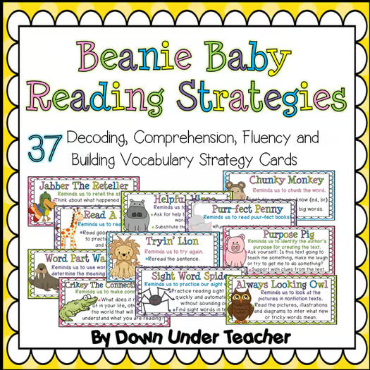 Beanie Baby Reading Strategy Cards - Decoding, Comprehension, Fluency & Vocab