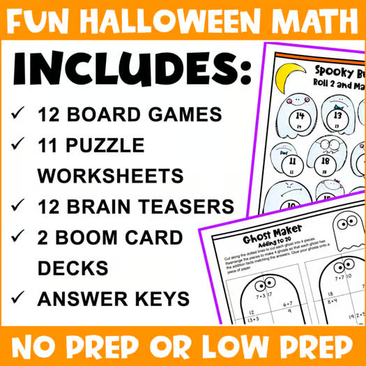 Fun Halloween Math Activities - Worksheets, Games, Brain Teasers & Boom Cards