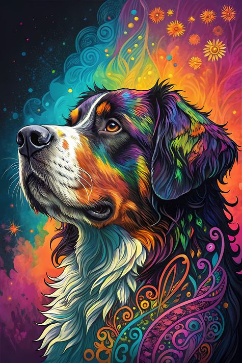 🐾12 Bernese Mountain Dog High-Res Art Images in Psychedelic Pop Art Style  📦 What’s Included:  12 Files in total High Resolution: 300 DPI for professional quality Image Sizes: From 3072px to 9216px (portrait, landscape and square orientations) 🎨 Perfect F