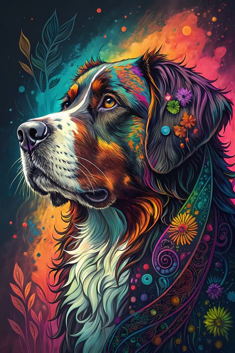 🐾12 Bernese Mountain Dog High-Res Art Images in Psychedelic Pop Art Style  📦 What’s Included:  12 Files in total High Resolution: 300 DPI for professional quality Image Sizes: From 3072px to 9216px (portrait, landscape and square orientations) 🎨 Perfect F