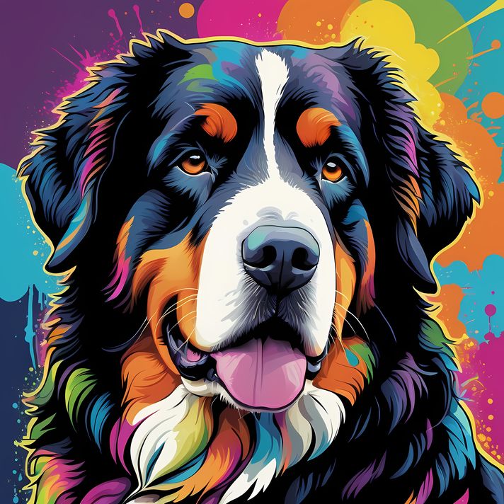 🐾12 Bernese Mountain Dog High-Res Art Images in Psychedelic Pop Art Style  📦 What’s Included:  12 Files in total High Resolution: 300 DPI for professional quality Image Sizes: From 3072px to 9216px (portrait, landscape and square orientations) 🎨 Perfect F