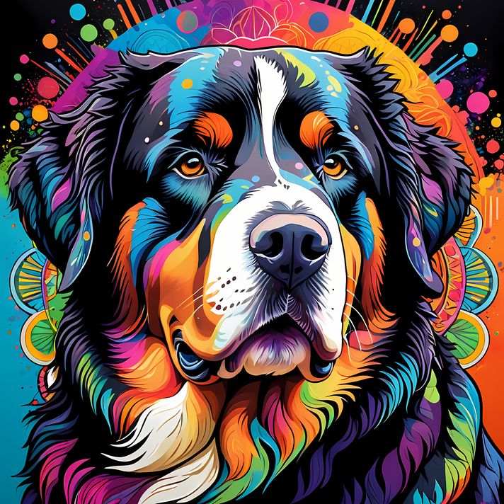 🐾12 Bernese Mountain Dog High-Res Art Images in Psychedelic Pop Art Style  📦 What’s Included:  12 Files in total High Resolution: 300 DPI for professional quality Image Sizes: From 3072px to 9216px (portrait, landscape and square orientations) 🎨 Perfect F