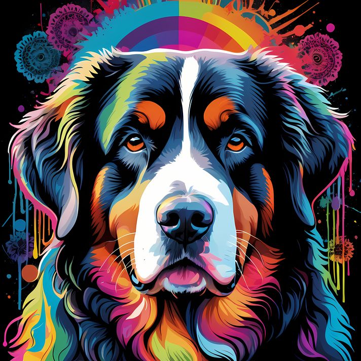 🐾12 Bernese Mountain Dog High-Res Art Images in Psychedelic Pop Art Style  📦 What’s Included:  12 Files in total High Resolution: 300 DPI for professional quality Image Sizes: From 3072px to 9216px (portrait, landscape and square orientations) 🎨 Perfect F