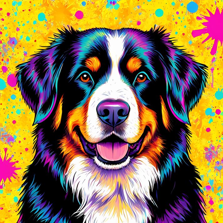 🐾12 Bernese Mountain Dog High-Res Art Images in Psychedelic Pop Art Style  📦 What’s Included:  12 Files in total High Resolution: 300 DPI for professional quality Image Sizes: From 3072px to 9216px (portrait, landscape and square orientations) 🎨 Perfect F