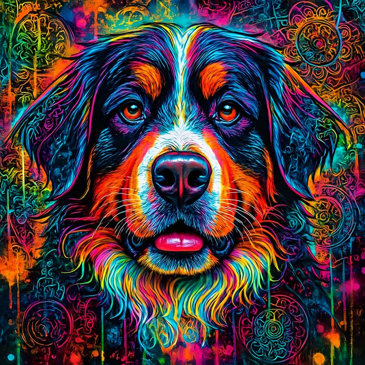 🐾12 Bernese Mountain Dog High-Res Art Images in Psychedelic Pop Art Style  📦 What’s Included:  12 Files in total High Resolution: 300 DPI for professional quality Image Sizes: From 3072px to 9216px (portrait, landscape and square orientations) 🎨 Perfect F