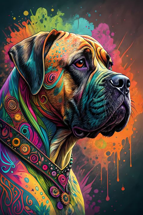 🐾10 Boerboel Dog High-Res Art Images in Psychedelic Pop Art Style  📦 What’s Included:  10 Files in total High Resolution: 300 DPI for professional quality Image Sizes: From 3072px to 9216px (portrait, landscape and square orientations) 🎨 Perfect For:  Wal