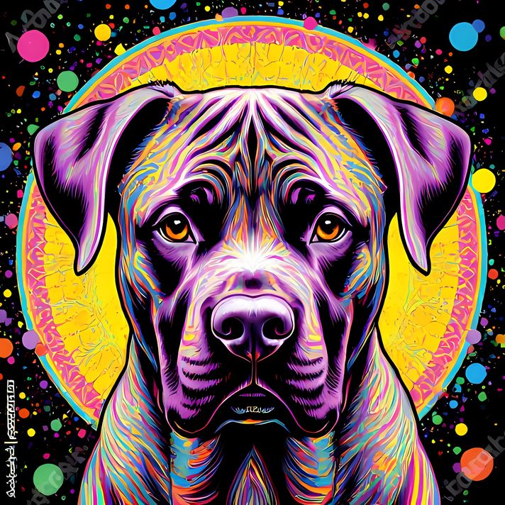 🐾10 Boerboel Dog High-Res Art Images in Psychedelic Pop Art Style  📦 What’s Included:  10 Files in total High Resolution: 300 DPI for professional quality Image Sizes: From 3072px to 9216px (portrait, landscape and square orientations) 🎨 Perfect For:  Wal