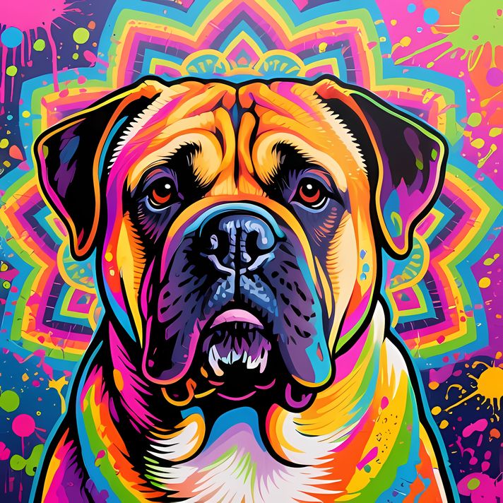 🐾10 Boerboel Dog High-Res Art Images in Psychedelic Pop Art Style  📦 What’s Included:  10 Files in total High Resolution: 300 DPI for professional quality Image Sizes: From 3072px to 9216px (portrait, landscape and square orientations) 🎨 Perfect For:  Wal