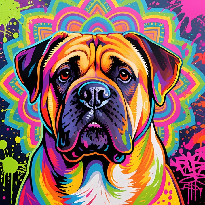 🐾10 Boerboel Dog High-Res Art Images in Psychedelic Pop Art Style  📦 What’s Included:  10 Files in total High Resolution: 300 DPI for professional quality Image Sizes: From 3072px to 9216px (portrait, landscape and square orientations) 🎨 Perfect For:  Wal