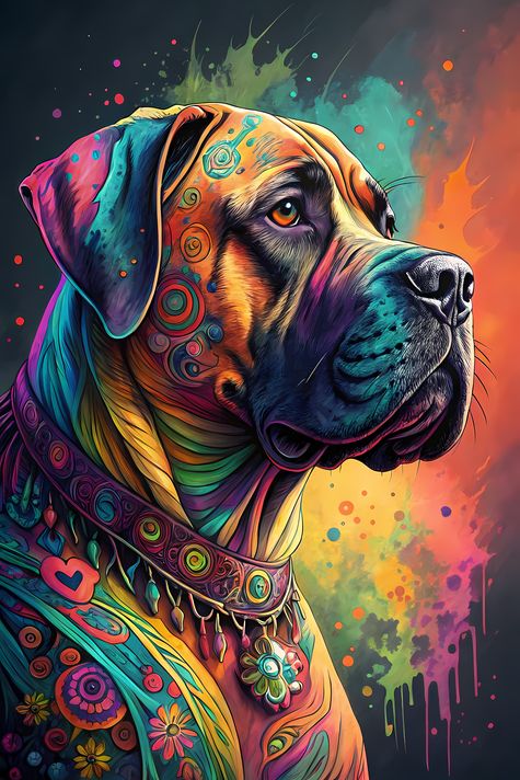 🐾10 Boerboel Dog High-Res Art Images in Psychedelic Pop Art Style  📦 What’s Included:  10 Files in total High Resolution: 300 DPI for professional quality Image Sizes: From 3072px to 9216px (portrait, landscape and square orientations) 🎨 Perfect For:  Wal