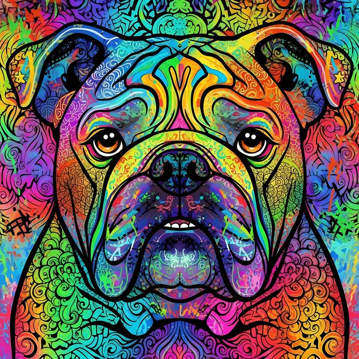 🐾9 Bulldogs High-Res Art Images in Psychedelic Pop Art Style  📦 What’s Included:  9 Files in total High Resolution: 300 DPI for professional quality Image Sizes: From 3072px to 9216px (portrait and square orientations) 🎨 Perfect For:  Wall Art & Décor Cus
