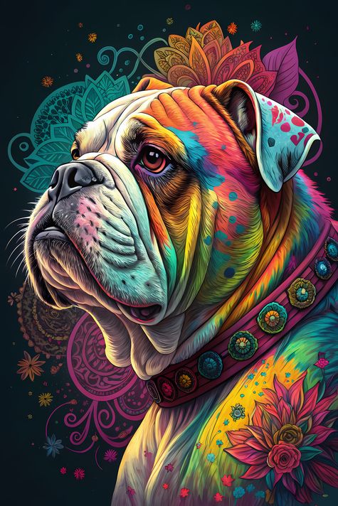 🐾9 Bulldogs High-Res Art Images in Psychedelic Pop Art Style  📦 What’s Included:  9 Files in total High Resolution: 300 DPI for professional quality Image Sizes: From 3072px to 9216px (portrait and square orientations) 🎨 Perfect For:  Wall Art & Décor Cus