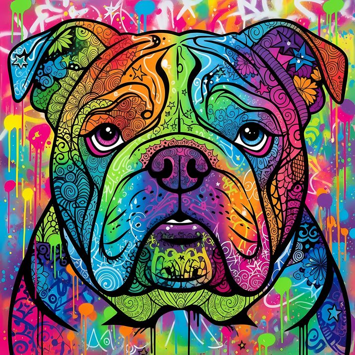 🐾9 Bulldogs High-Res Art Images in Psychedelic Pop Art Style  📦 What’s Included:  9 Files in total High Resolution: 300 DPI for professional quality Image Sizes: From 3072px to 9216px (portrait and square orientations) 🎨 Perfect For:  Wall Art & Décor Cus