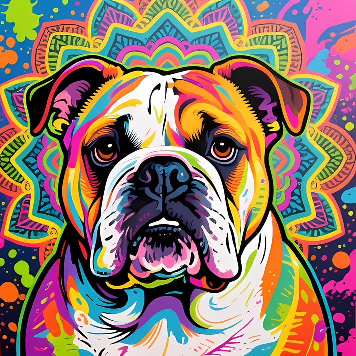 🐾9 Bulldogs High-Res Art Images in Psychedelic Pop Art Style  📦 What’s Included:  9 Files in total High Resolution: 300 DPI for professional quality Image Sizes: From 3072px to 9216px (portrait and square orientations) 🎨 Perfect For:  Wall Art & Décor Cus