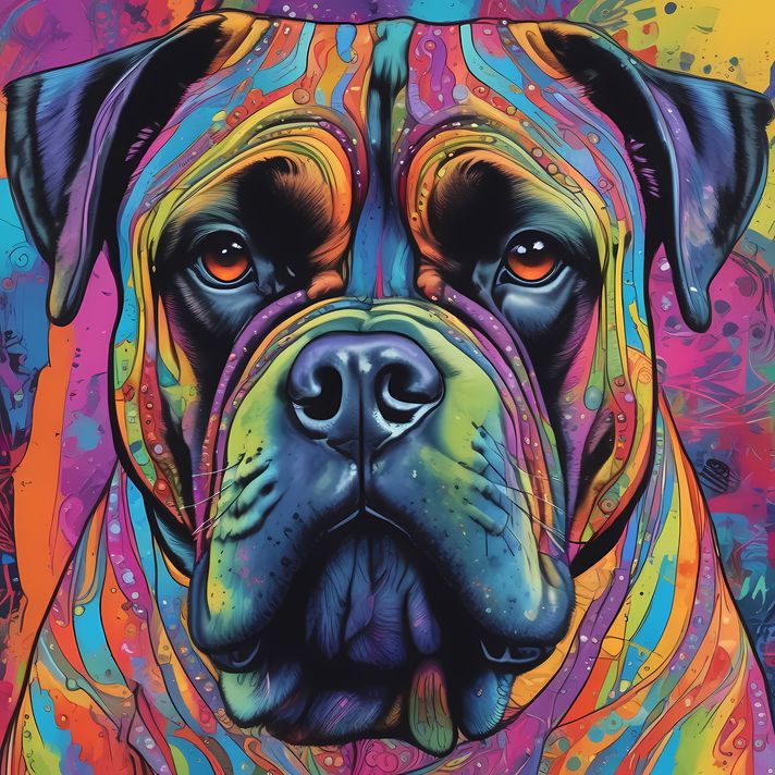 🐾9 Bullmastiff Dogs High Resolution Art Images in Psychedelic Pop Art Style  📦 What’s Included:  9 Files in total High Resolution: 300 DPI for professional quality Image Sizes: From 3072px to 9216px (portrait and square orientations) 🎨 Perfect For:  Wall