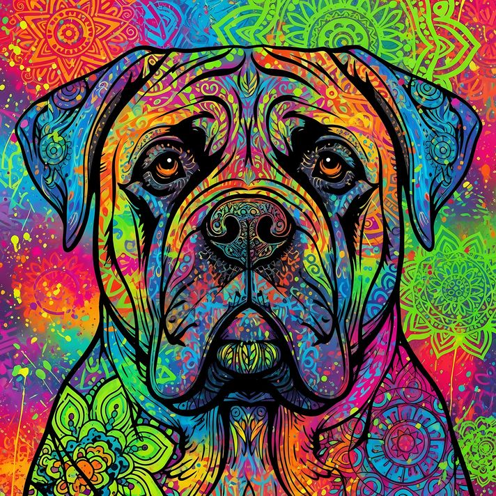 🐾9 Bullmastiff Dogs High Resolution Art Images in Psychedelic Pop Art Style  📦 What’s Included:  9 Files in total High Resolution: 300 DPI for professional quality Image Sizes: From 3072px to 9216px (portrait and square orientations) 🎨 Perfect For:  Wall