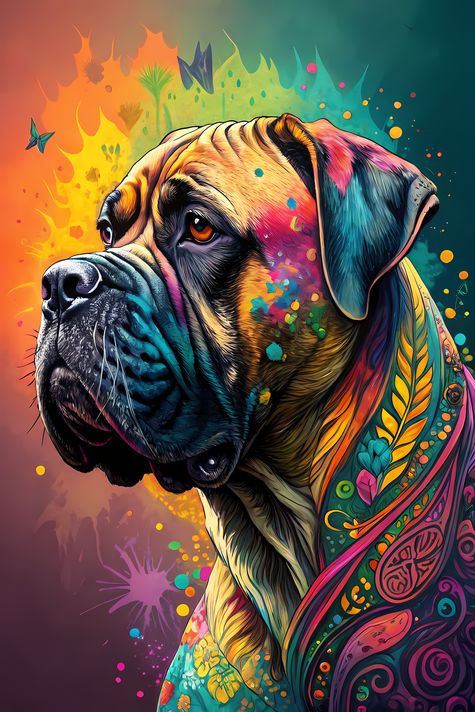 🐾9 Bullmastiff Dogs High Resolution Art Images in Psychedelic Pop Art Style  📦 What’s Included:  9 Files in total High Resolution: 300 DPI for professional quality Image Sizes: From 3072px to 9216px (portrait and square orientations) 🎨 Perfect For:  Wall