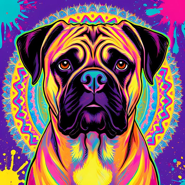 🐾9 Bullmastiff Dogs High Resolution Art Images in Psychedelic Pop Art Style  📦 What’s Included:  9 Files in total High Resolution: 300 DPI for professional quality Image Sizes: From 3072px to 9216px (portrait and square orientations) 🎨 Perfect For:  Wall
