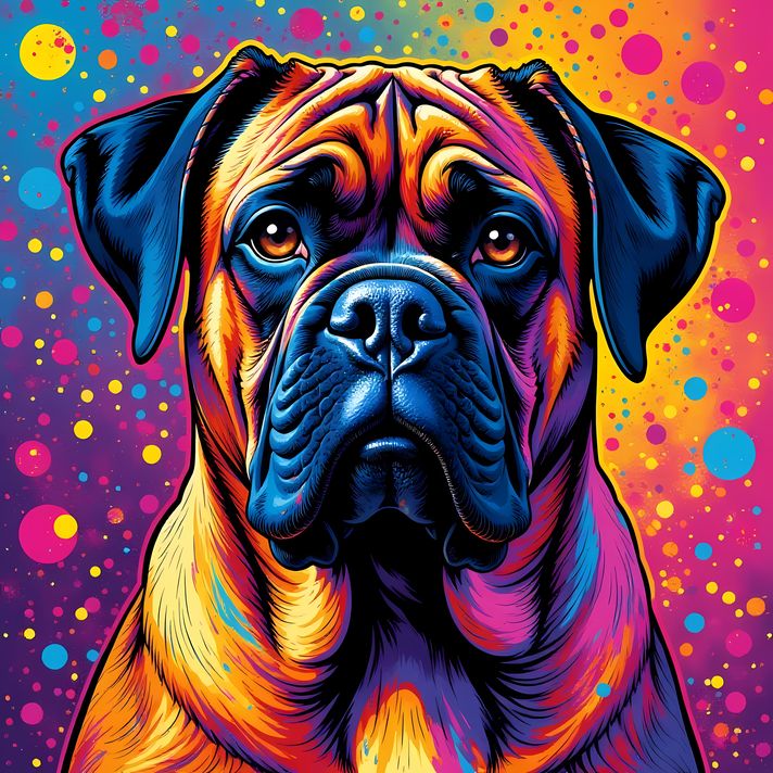 🐾9 Bullmastiff Dogs High Resolution Art Images in Psychedelic Pop Art Style  📦 What’s Included:  9 Files in total High Resolution: 300 DPI for professional quality Image Sizes: From 3072px to 9216px (portrait and square orientations) 🎨 Perfect For:  Wall