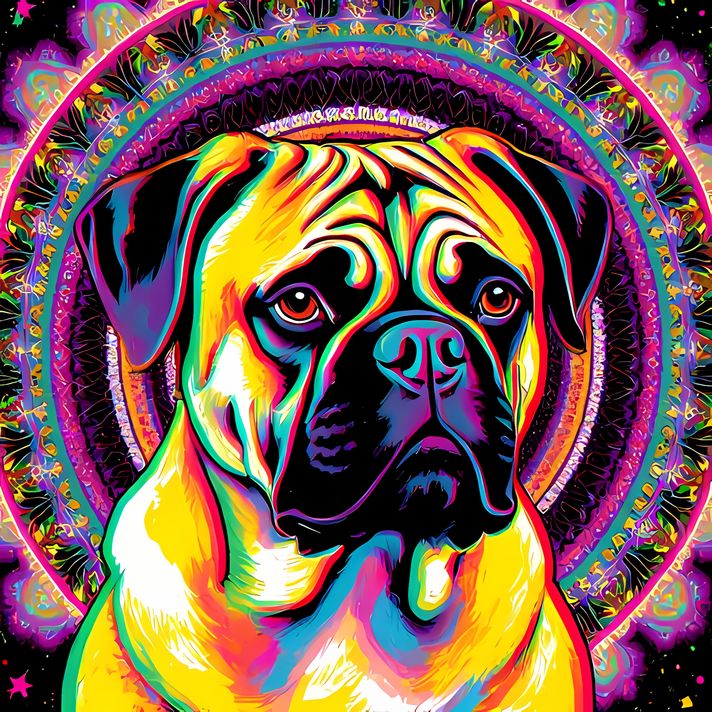 🐾9 Bullmastiff Dogs High Resolution Art Images in Psychedelic Pop Art Style  📦 What’s Included:  9 Files in total High Resolution: 300 DPI for professional quality Image Sizes: From 3072px to 9216px (portrait and square orientations) 🎨 Perfect For:  Wall