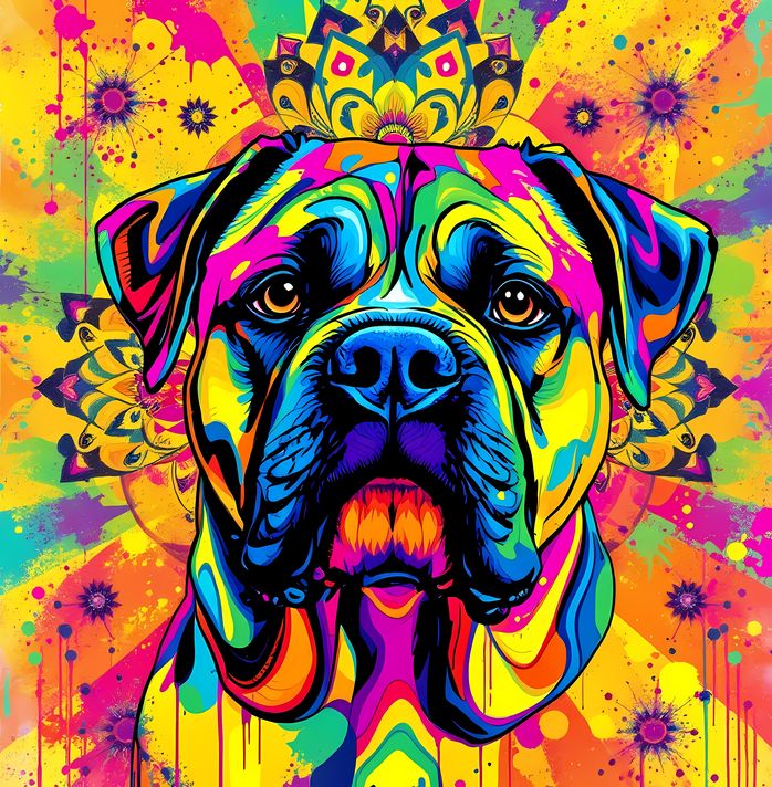🐾9 Bullmastiff Dogs High Resolution Art Images in Psychedelic Pop Art Style  📦 What’s Included:  9 Files in total High Resolution: 300 DPI for professional quality Image Sizes: From 3072px to 9216px (portrait and square orientations) 🎨 Perfect For:  Wall