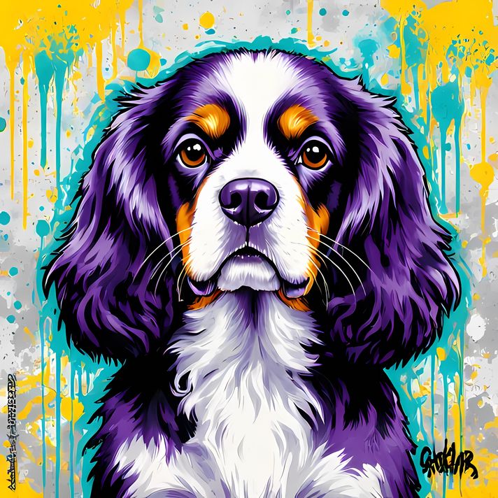 🐾 13 Cavalier King Charles Spaniel High-Res Art Images in Psychedelic Pop & Street Art Styles  📦 What’s Included:  13 Files in total High Resolution: 300 DPI for professional quality Image Sizes: From 3072px to 9216px (portrait and square orientations) 🎨 