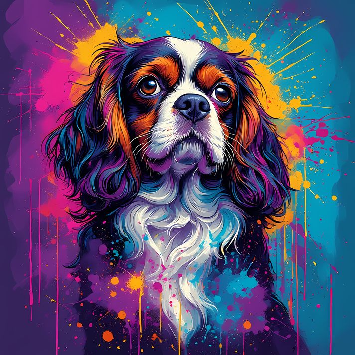 🐾 13 Cavalier King Charles Spaniel High-Res Art Images in Psychedelic Pop & Street Art Styles  📦 What’s Included:  13 Files in total High Resolution: 300 DPI for professional quality Image Sizes: From 3072px to 9216px (portrait and square orientations) 🎨 
