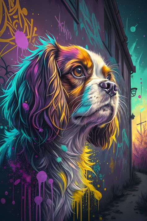 🐾 13 Cavalier King Charles Spaniel High-Res Art Images in Psychedelic Pop & Street Art Styles  📦 What’s Included:  13 Files in total High Resolution: 300 DPI for professional quality Image Sizes: From 3072px to 9216px (portrait and square orientations) 🎨 
