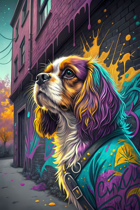 🐾 13 Cavalier King Charles Spaniel High-Res Art Images in Psychedelic Pop & Street Art Styles  📦 What’s Included:  13 Files in total High Resolution: 300 DPI for professional quality Image Sizes: From 3072px to 9216px (portrait and square orientations) 🎨 