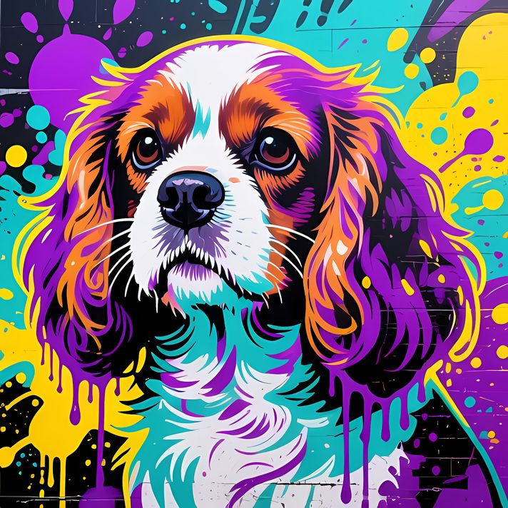 🐾 13 Cavalier King Charles Spaniel High-Res Art Images in Psychedelic Pop & Street Art Styles  📦 What’s Included:  13 Files in total High Resolution: 300 DPI for professional quality Image Sizes: From 3072px to 9216px (portrait and square orientations) 🎨 