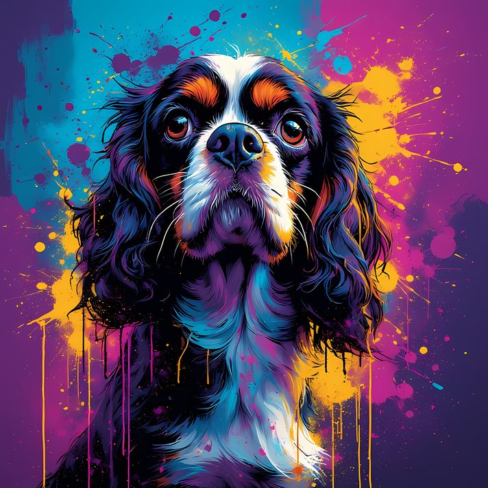 🐾 13 Cavalier King Charles Spaniel High-Res Art Images in Psychedelic Pop & Street Art Styles  📦 What’s Included:  13 Files in total High Resolution: 300 DPI for professional quality Image Sizes: From 3072px to 9216px (portrait and square orientations) 🎨 