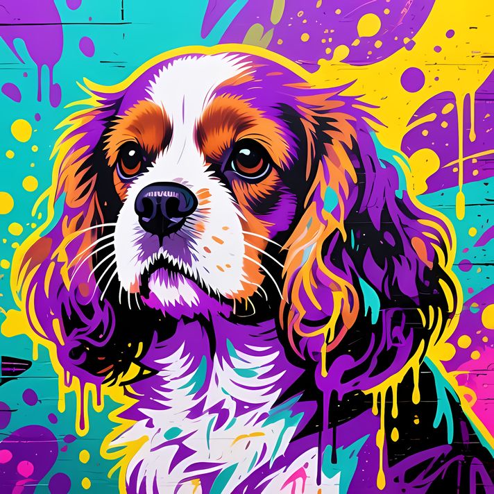🐾 13 Cavalier King Charles Spaniel High-Res Art Images in Psychedelic Pop & Street Art Styles  📦 What’s Included:  13 Files in total High Resolution: 300 DPI for professional quality Image Sizes: From 3072px to 9216px (portrait and square orientations) 🎨 