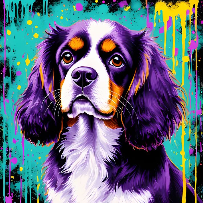 🐾 13 Cavalier King Charles Spaniel High-Res Art Images in Psychedelic Pop & Street Art Styles  📦 What’s Included:  13 Files in total High Resolution: 300 DPI for professional quality Image Sizes: From 3072px to 9216px (portrait and square orientations) 🎨 