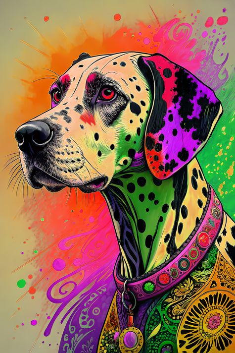 🐾12 Dalmatian Dogs High-Res Art Images in Psychedelic Pop & Street Art Style  📦 What’s Included:  12 Files in total High Resolution: 300 DPI for professional quality Image Sizes: From 3072px to 9216px (portrait and square orientations) 🎨 Perfect For:  Wal
