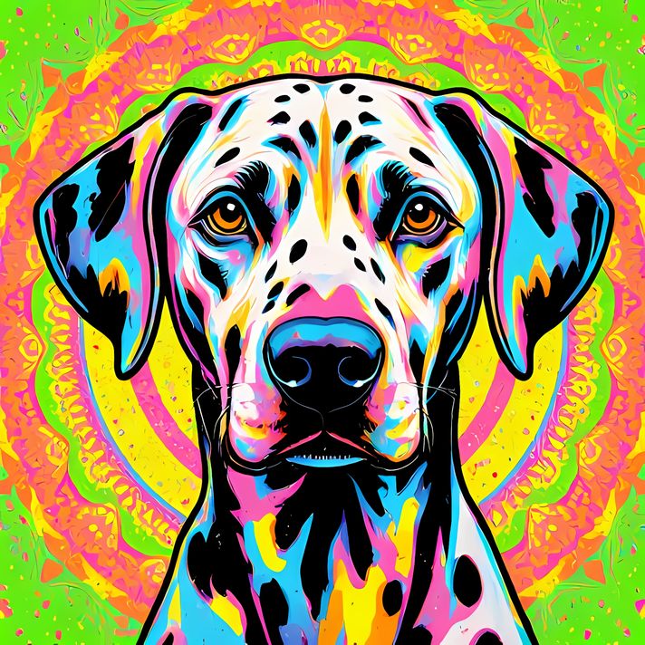 🐾12 Dalmatian Dogs High-Res Art Images in Psychedelic Pop & Street Art Style  📦 What’s Included:  12 Files in total High Resolution: 300 DPI for professional quality Image Sizes: From 3072px to 9216px (portrait and square orientations) 🎨 Perfect For:  Wal