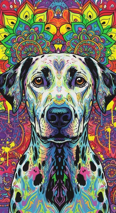 🐾12 Dalmatian Dogs High-Res Art Images in Psychedelic Pop & Street Art Style  📦 What’s Included:  12 Files in total High Resolution: 300 DPI for professional quality Image Sizes: From 3072px to 9216px (portrait and square orientations) 🎨 Perfect For:  Wal