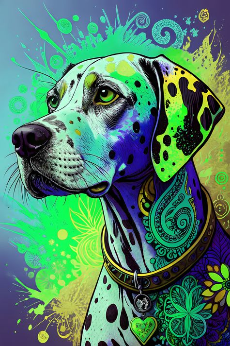 🐾12 Dalmatian Dogs High-Res Art Images in Psychedelic Pop & Street Art Style  📦 What’s Included:  12 Files in total High Resolution: 300 DPI for professional quality Image Sizes: From 3072px to 9216px (portrait and square orientations) 🎨 Perfect For:  Wal