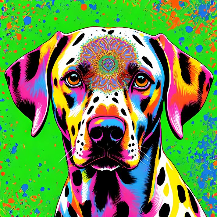 🐾12 Dalmatian Dogs High-Res Art Images in Psychedelic Pop & Street Art Style  📦 What’s Included:  12 Files in total High Resolution: 300 DPI for professional quality Image Sizes: From 3072px to 9216px (portrait and square orientations) 🎨 Perfect For:  Wal
