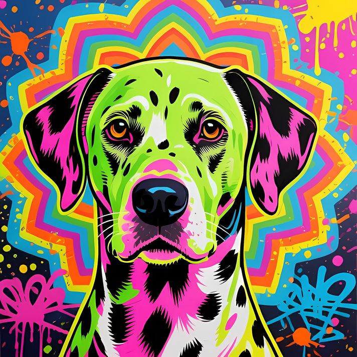 🐾12 Dalmatian Dogs High-Res Art Images in Psychedelic Pop & Street Art Style  📦 What’s Included:  12 Files in total High Resolution: 300 DPI for professional quality Image Sizes: From 3072px to 9216px (portrait and square orientations) 🎨 Perfect For:  Wal