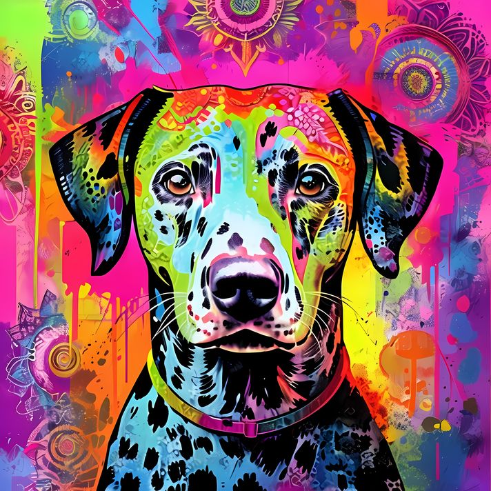 🐾12 Dalmatian Dogs High-Res Art Images in Psychedelic Pop & Street Art Style  📦 What’s Included:  12 Files in total High Resolution: 300 DPI for professional quality Image Sizes: From 3072px to 9216px (portrait and square orientations) 🎨 Perfect For:  Wal