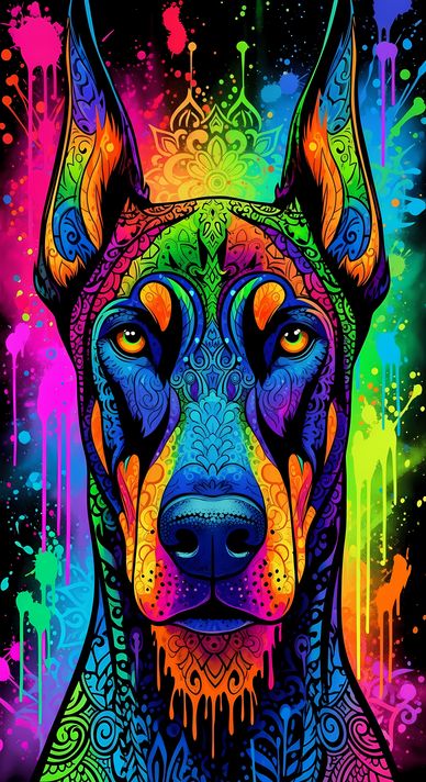 🐾13 Doberman Pinscher Dogs High-Res Art Images in Psychedelic Pop & Street Art Styles  📦 What’s Included:  13 Files in total High Resolution: 300 DPI for professional quality Image Sizes: From 3072px to 9216px (portrait and square orientations) 🎨 Perfect 