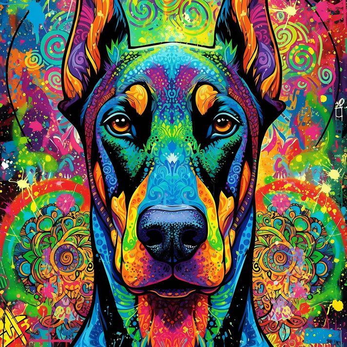 🐾13 Doberman Pinscher Dogs High-Res Art Images in Psychedelic Pop & Street Art Styles  📦 What’s Included:  13 Files in total High Resolution: 300 DPI for professional quality Image Sizes: From 3072px to 9216px (portrait and square orientations) 🎨 Perfect 