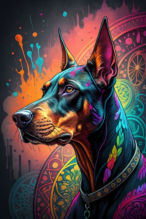 🐾13 Doberman Pinscher Dogs High-Res Art Images in Psychedelic Pop & Street Art Styles  📦 What’s Included:  13 Files in total High Resolution: 300 DPI for professional quality Image Sizes: From 3072px to 9216px (portrait and square orientations) 🎨 Perfect 