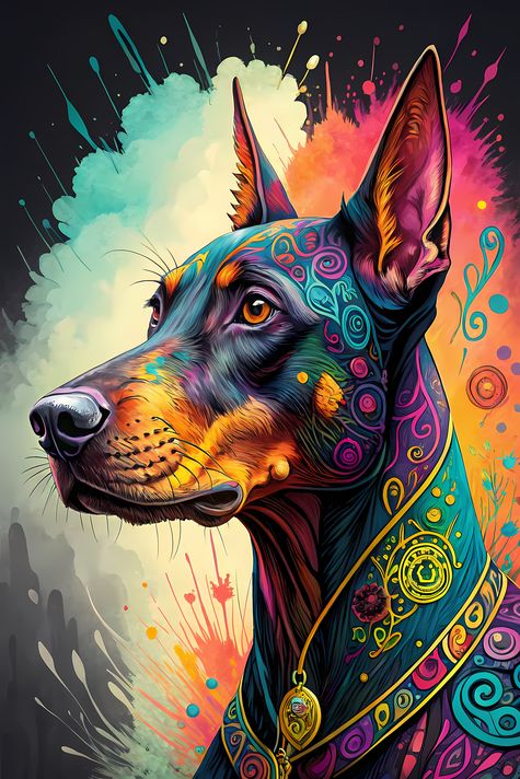 🐾13 Doberman Pinscher Dogs High-Res Art Images in Psychedelic Pop & Street Art Styles  📦 What’s Included:  13 Files in total High Resolution: 300 DPI for professional quality Image Sizes: From 3072px to 9216px (portrait and square orientations) 🎨 Perfect 