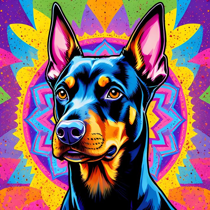 🐾13 Doberman Pinscher Dogs High-Res Art Images in Psychedelic Pop & Street Art Styles  📦 What’s Included:  13 Files in total High Resolution: 300 DPI for professional quality Image Sizes: From 3072px to 9216px (portrait and square orientations) 🎨 Perfect 