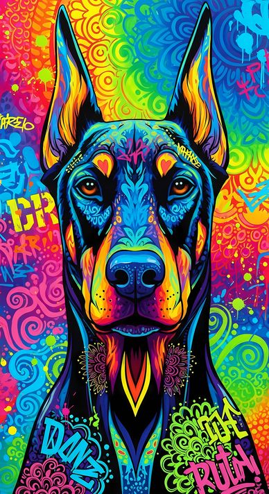 🐾13 Doberman Pinscher Dogs High-Res Art Images in Psychedelic Pop & Street Art Styles  📦 What’s Included:  13 Files in total High Resolution: 300 DPI for professional quality Image Sizes: From 3072px to 9216px (portrait and square orientations) 🎨 Perfect 