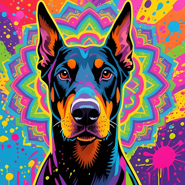 🐾13 Doberman Pinscher Dogs High-Res Art Images in Psychedelic Pop & Street Art Styles  📦 What’s Included:  13 Files in total High Resolution: 300 DPI for professional quality Image Sizes: From 3072px to 9216px (portrait and square orientations) 🎨 Perfect 
