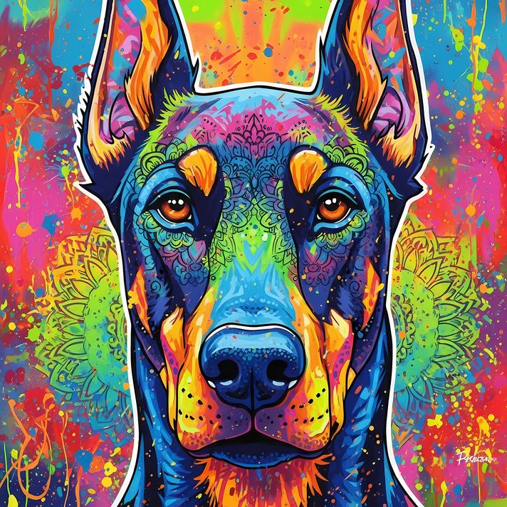 🐾13 Doberman Pinscher Dogs High-Res Art Images in Psychedelic Pop & Street Art Styles  📦 What’s Included:  13 Files in total High Resolution: 300 DPI for professional quality Image Sizes: From 3072px to 9216px (portrait and square orientations) 🎨 Perfect 