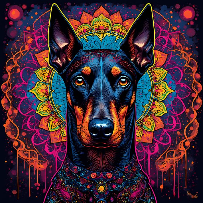 🐾13 Doberman Pinscher Dogs High-Res Art Images in Psychedelic Pop & Street Art Styles  📦 What’s Included:  13 Files in total High Resolution: 300 DPI for professional quality Image Sizes: From 3072px to 9216px (portrait and square orientations) 🎨 Perfect 